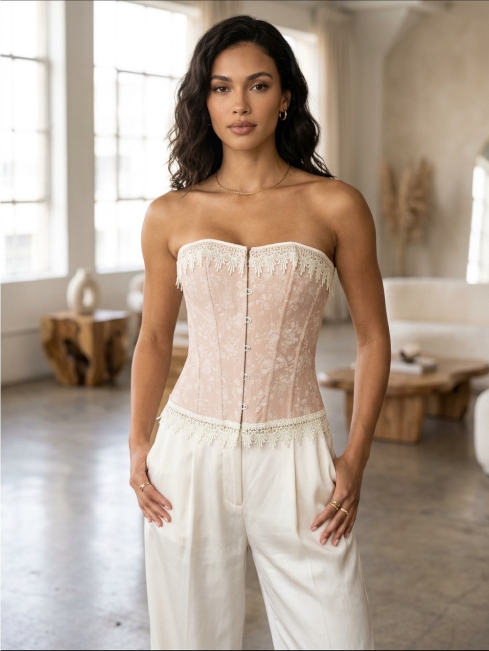 Lace-Trim Strapless Corset Bustier - Blush Pink